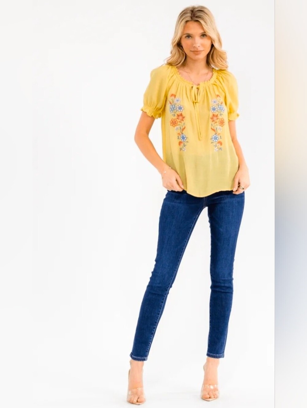 Embroidered Tie-Neck Peasant Top - Yellow